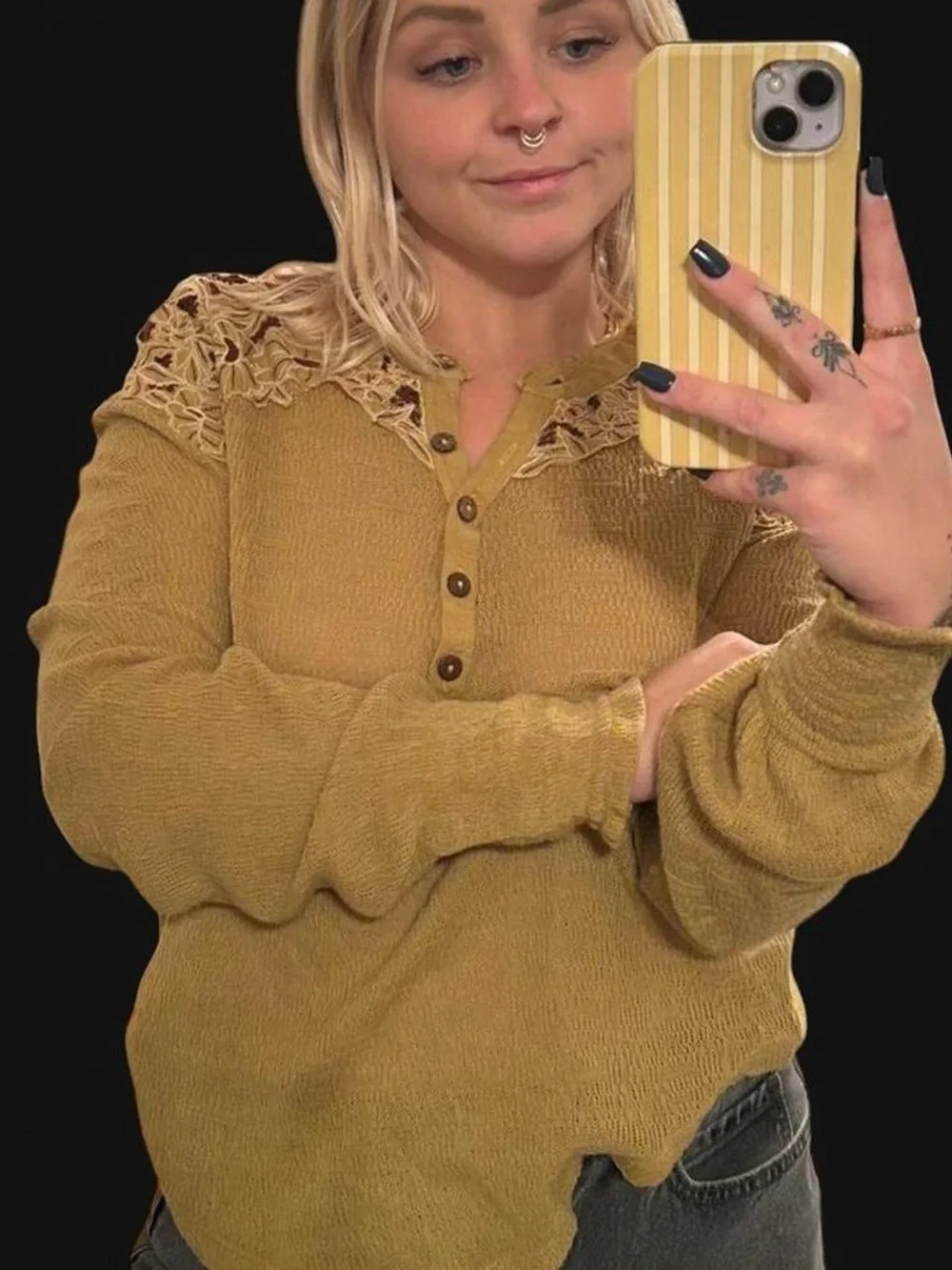 Free People embroidered henley long sleeve thermal top in an earthy green tone